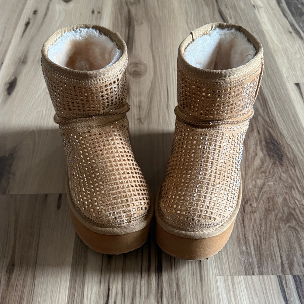 Tan Rhinestone Ankle Boots